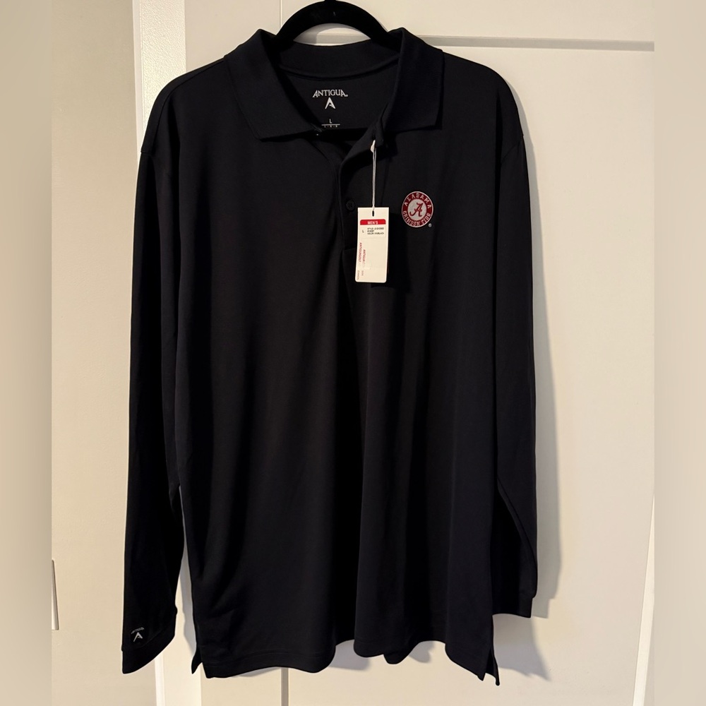 Antigua Black Long Sleeve Polo with Crimson Alabama 'A' Patch